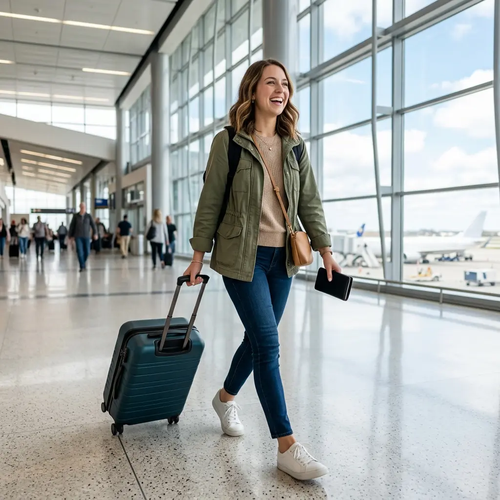 Happy traveler at an airport terminal